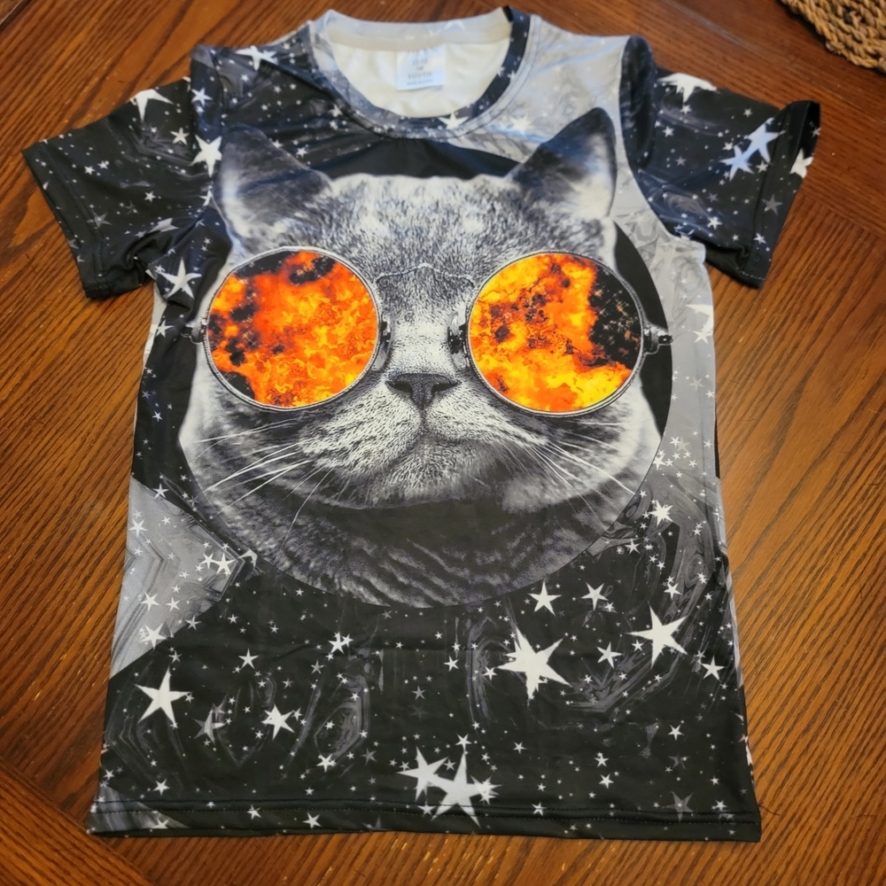 Black Starry Cat Tee with Orange Sunglasses